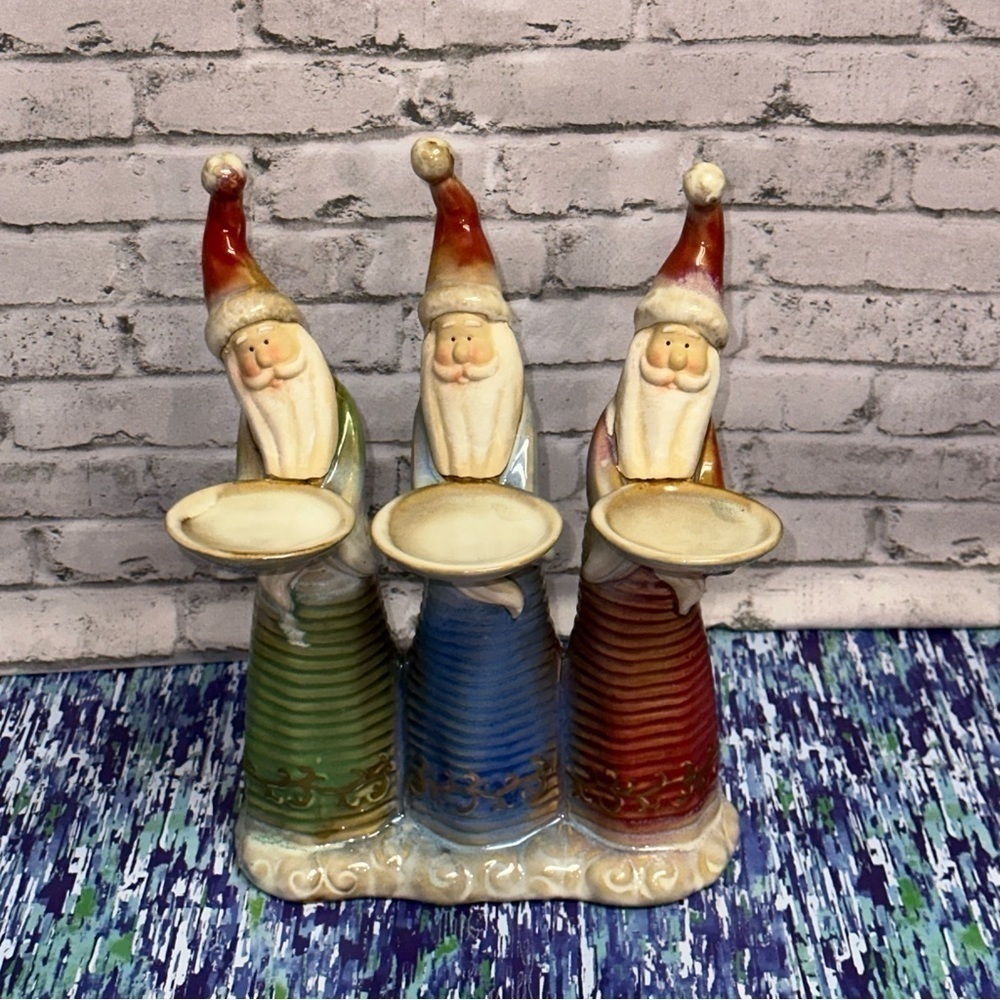 Santa Trio Votive Candle Holder Figurine 9" Ceramic Glazed Red Blue Green